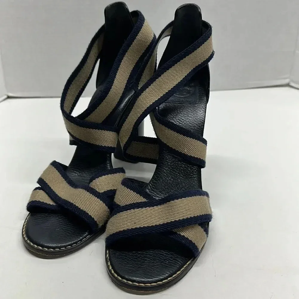 Tory Burch Laurie Criss Cross Elastic Strap Chunky Stacked High Heel Shoe 10